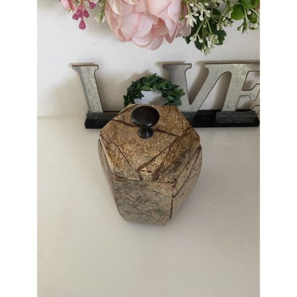 Hexagonal Stone Canister Lidded Container Trinket Box Port To Port Vintage Brown - Picture 7 of 16